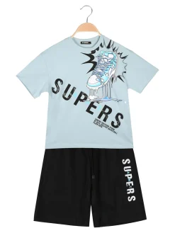 Mr Jek Completo corto da bambino in cotone con t-shirt e bermuda - azzurro