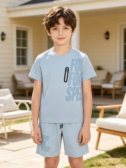 Mr Jek Completo corto da ragazzo con t-shirt e bermuda - azzurro