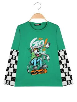 Mr Jek T-shirt da bambino a maniche lunghe stampate - verde