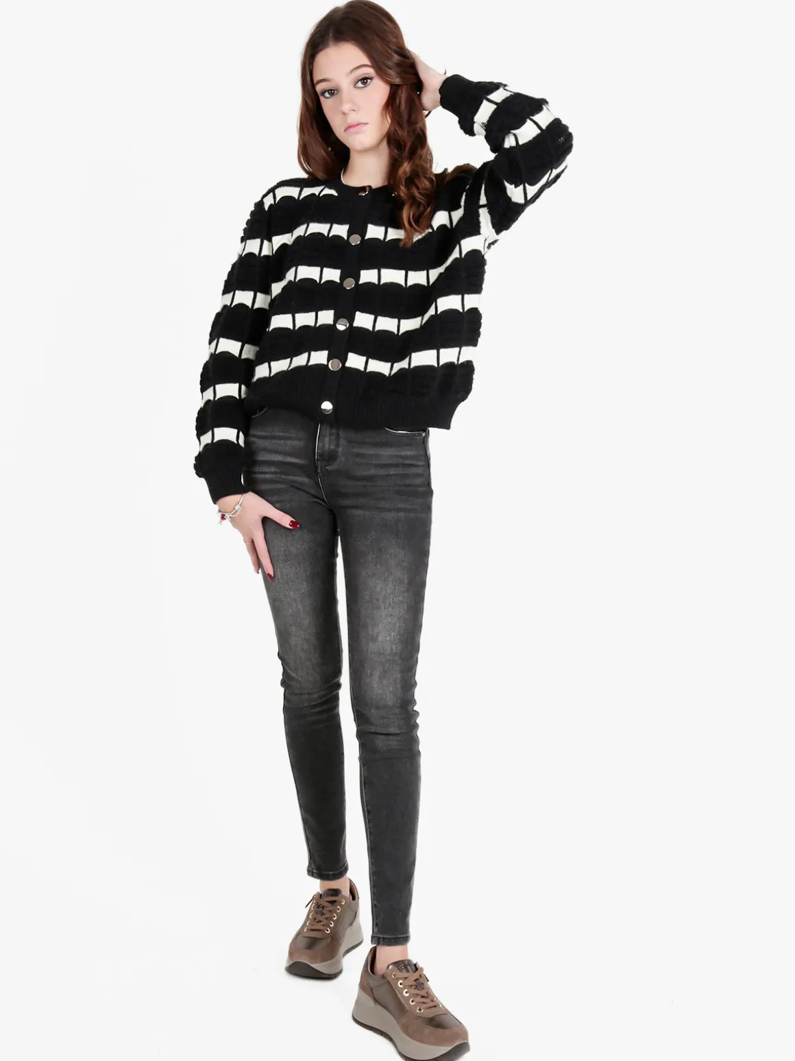 M & V Cardigan donna in maglia bicolore con bottoni