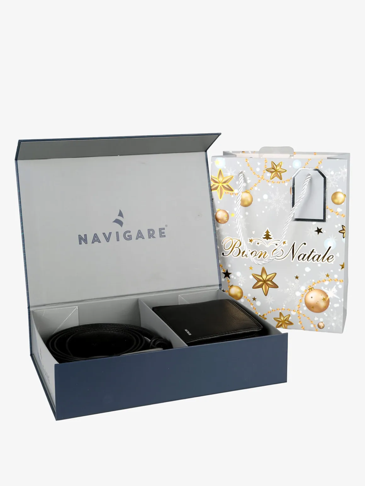 Navigare Confezione regalo da uomo con cintura e portafoglio in pelle - nero