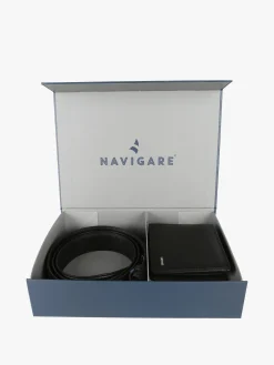Navigare Confezione regalo da uomo con cintura e portafoglio in pelle - nero