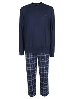 Navigare Pigiama da uomo in cotone interlock con pantaloni a quadri - blu scuro