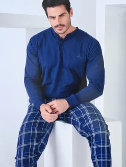 Navigare Pigiama da uomo in cotone interlock con pantaloni a quadri - blu scuro