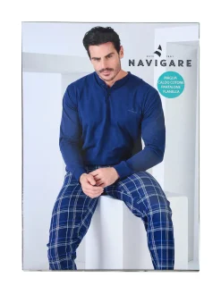Navigare Pigiama da uomo in cotone interlock con pantaloni a quadri - blu scuro