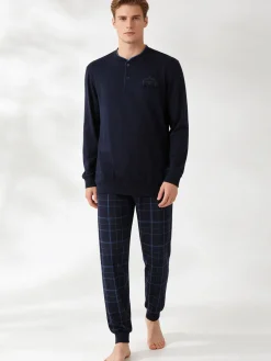 Navigare Pigiama lungo da uomo in cotone con taschino e pantaloni a quadri - blu scuro