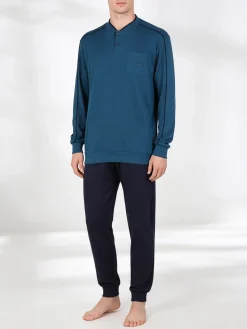 Navigare Pigiama lungo da uomo in cotone interlock con stampe - blu scuro