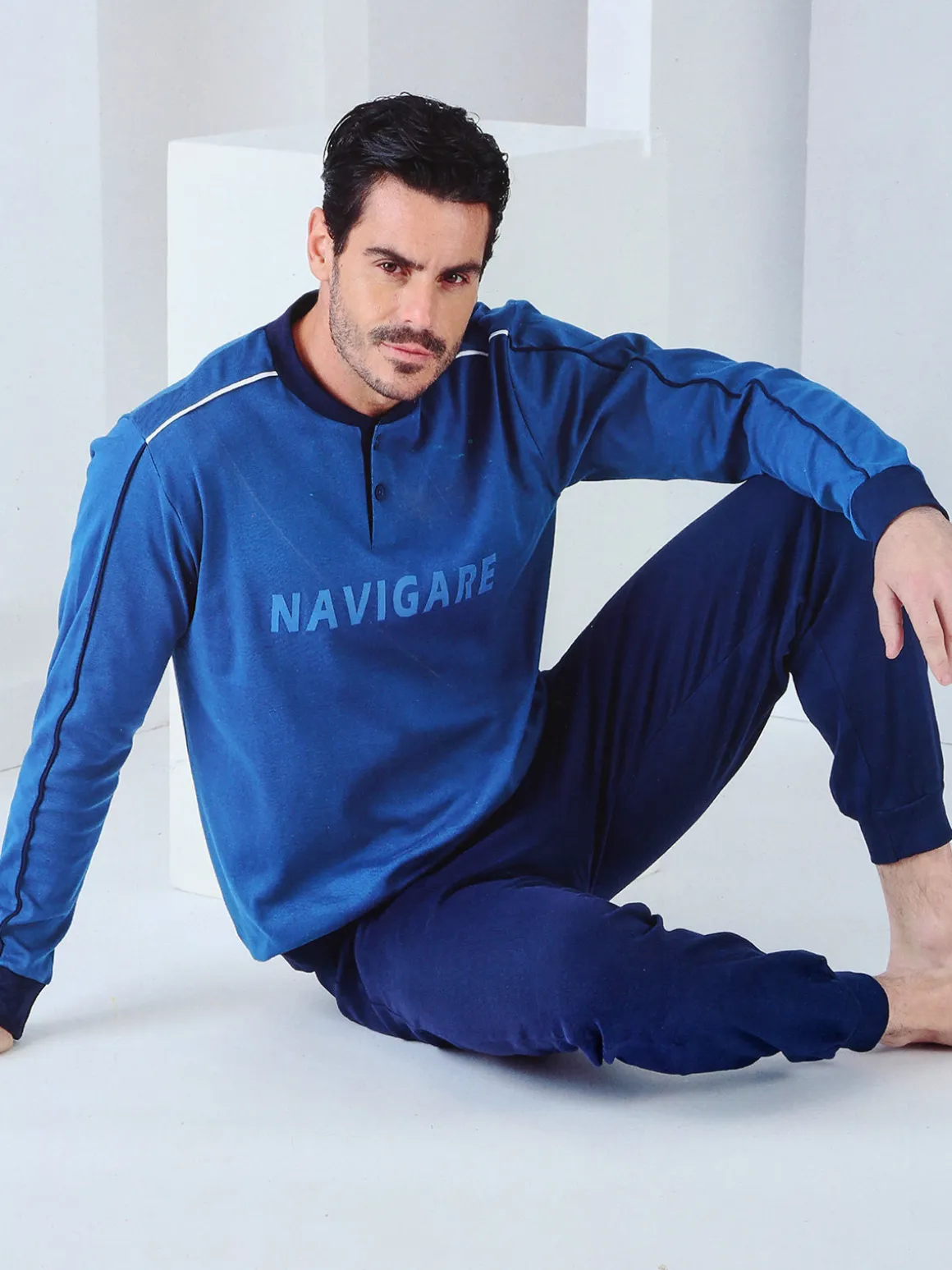 Navigare Pigiama lungo da uomo in cotone interlock - blu scuro