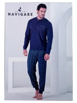 Navigare Pigiama lungo da uomo in cotone con taschino e pantaloni a quadri - jeans