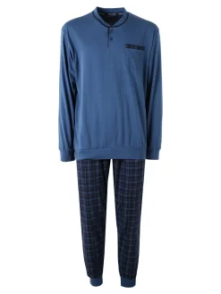 Navigare Pigiama lungo da uomo in cotone con taschino e pantaloni a quadri - jeans