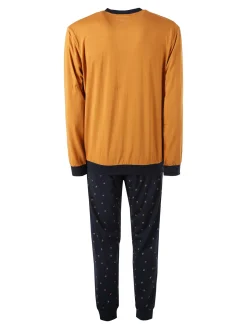 Navigare Pigiama lungo da uomo in cotone con taschino e pantaloni con stampe - cammello
