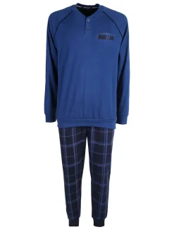 Navigare Pigiama lungo da uomo in cotone interlock con pantaloni a quadri - blu scuro