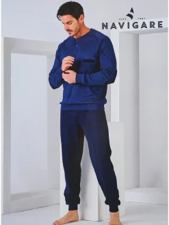 Navigare Pigiama lungo da uomo in cotone interlock con pantaloni a quadri - blu scuro