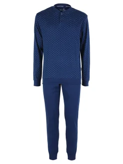 Navigare Pigiama lungo da uomo in cotone interlock con stampe - blu