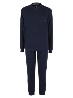 Navigare Pigiama lungo da uomo in cotone interlock con taschino - blu scuro