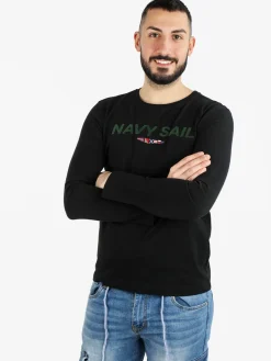 Navy Sail T-shirt da uomo in cotone a manica lunga