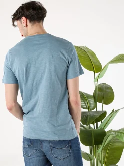 Navy Sail T-shirt da uomo in cotone con bottoni - blu