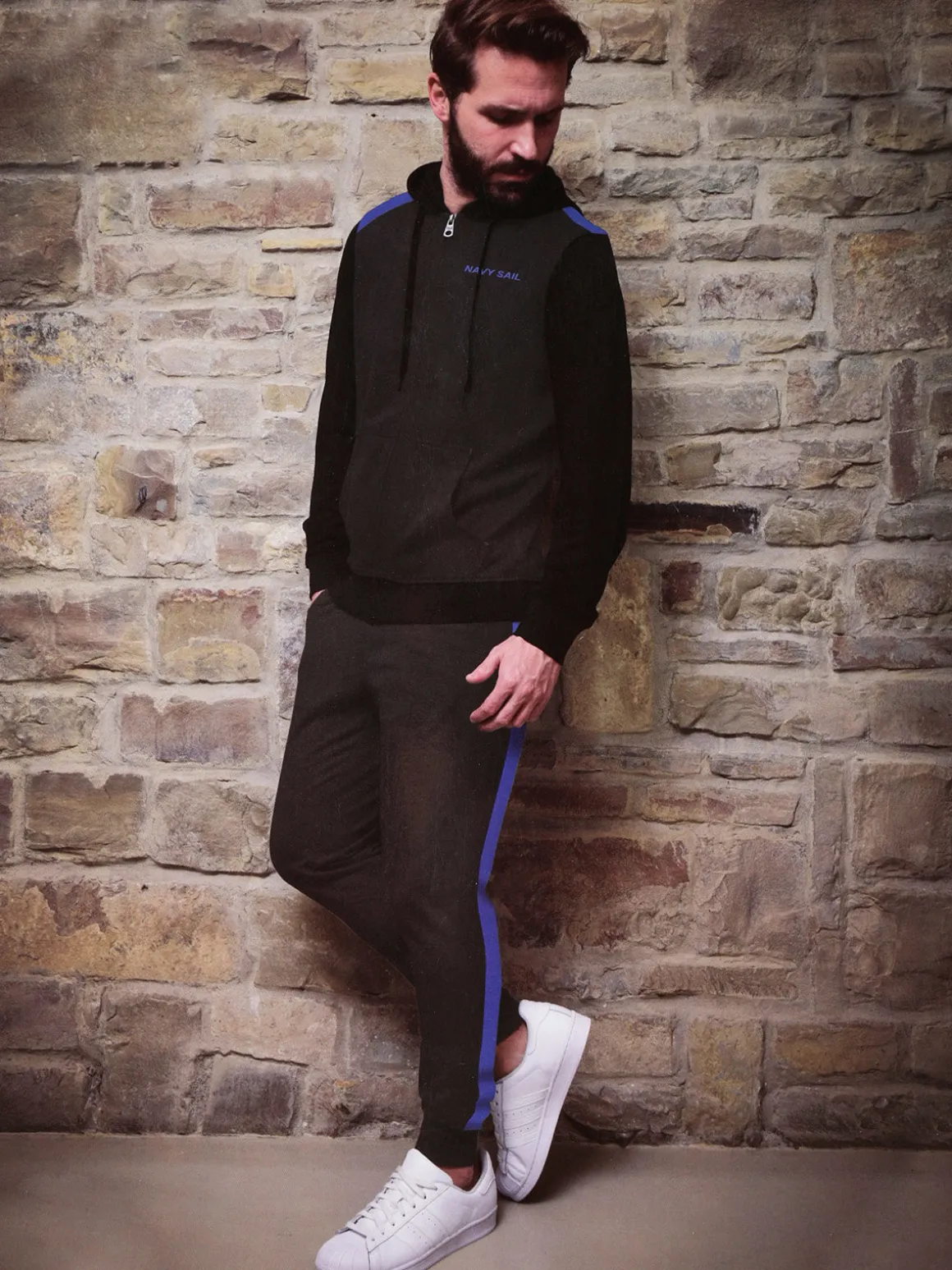 Navy Sail Tuta felpata da uomo con cappuccio e zip