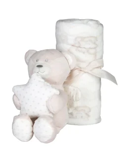 Nazareno Gabrielli Set regalo per neonati con coperta in pile e pupazzo orsetto con stella - panna