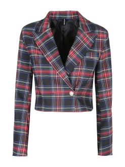 New Collection Blazer corto da donna scozzese a doppiopetto