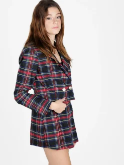 New Collection Blazer corto da donna scozzese a doppiopetto