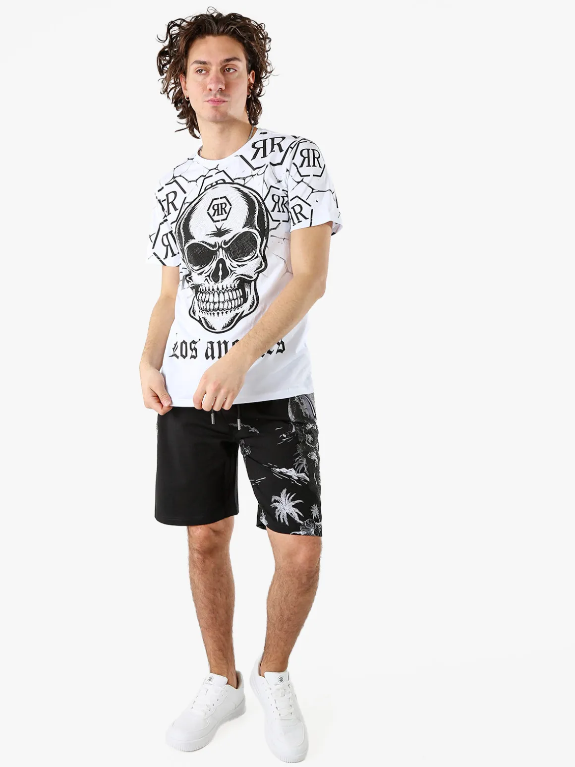 New Mentality T-shirt da uomo in cotone con teschio e micro borchie - bianco