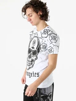 New Mentality T-shirt da uomo in cotone con teschio e micro borchie - bianco