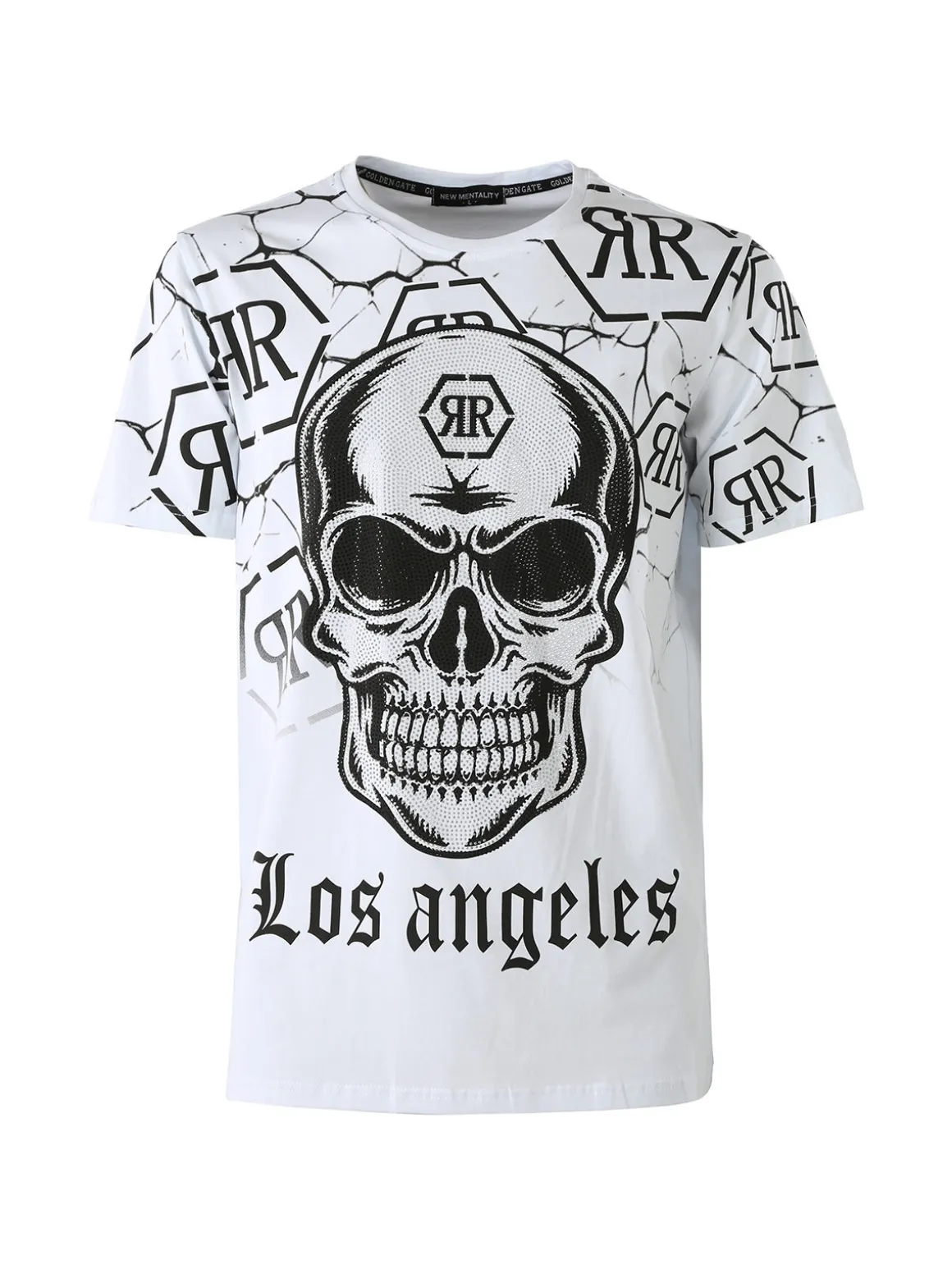 New Mentality T-shirt da uomo in cotone con teschio e micro borchie - bianco