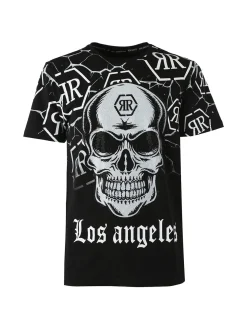 New Mentality T-shirt da uomo in cotone con teschio e micro borchie - nero