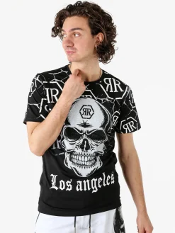 New Mentality T-shirt da uomo in cotone con teschio e micro borchie - nero