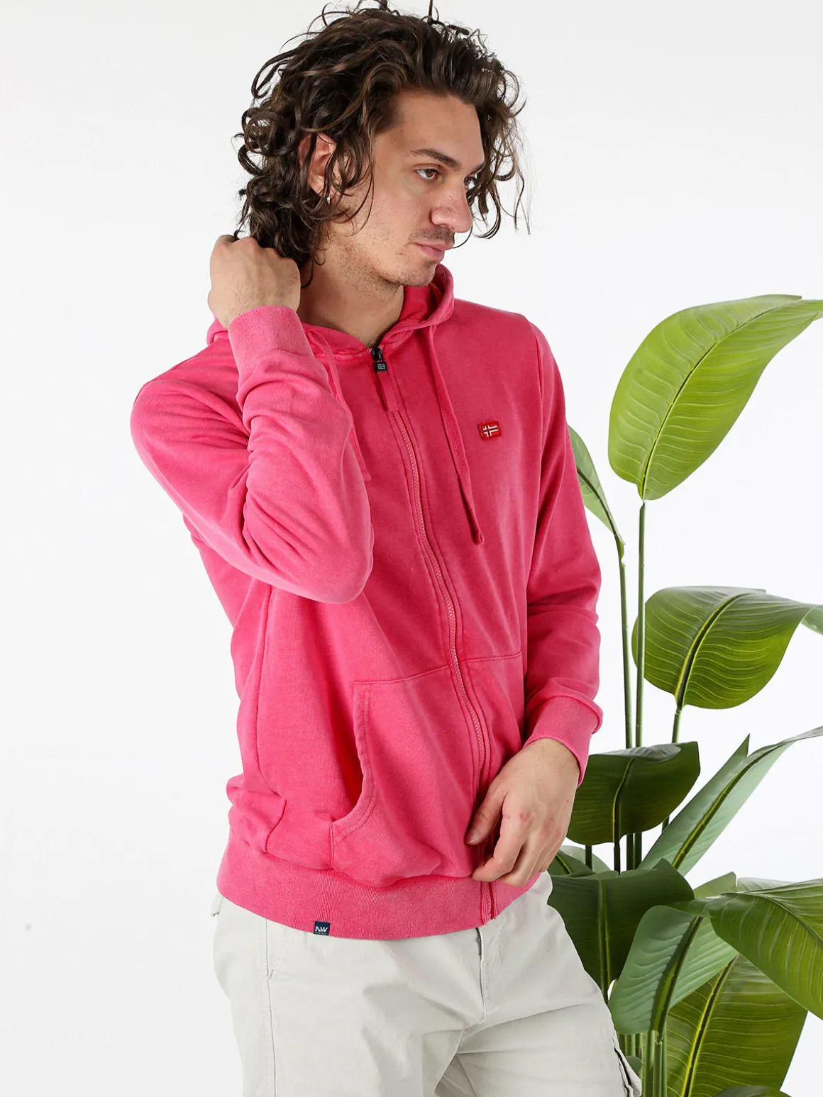 Norway Felpa da uomo full zip con cappuccio e stampa dietro - fucsia