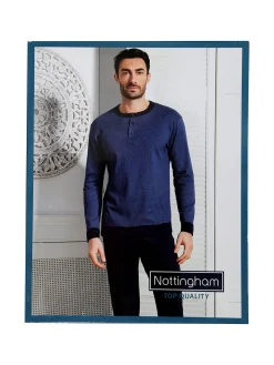 Nottingham Pigiama lungo da uomo in cotone interlock con stampe - blu