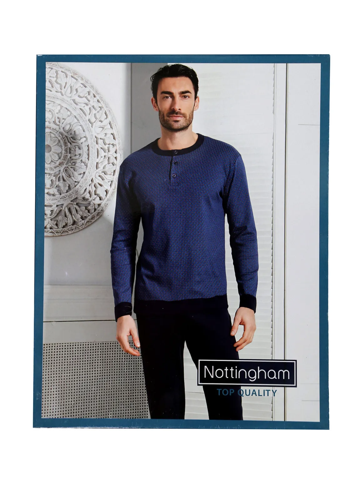 Nottingham Pigiama lungo da uomo in cotone interlock con stampe - blu