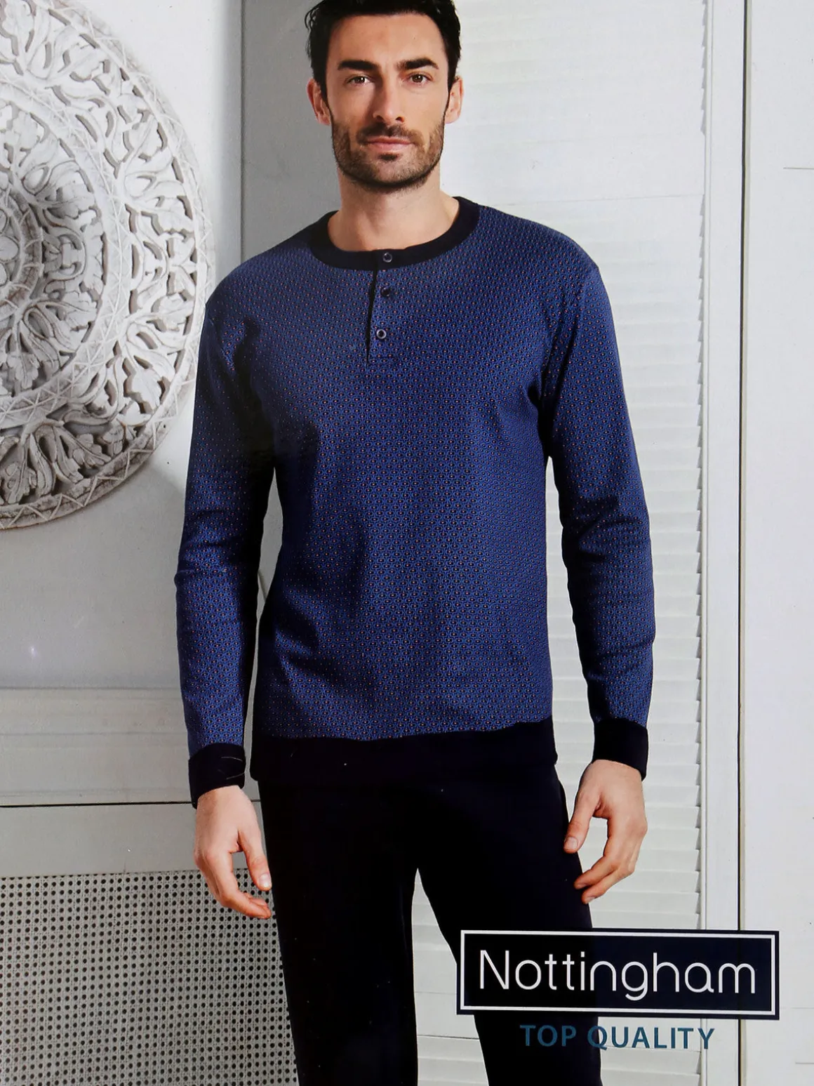 Nottingham Pigiama lungo da uomo in cotone interlock con stampe - blu