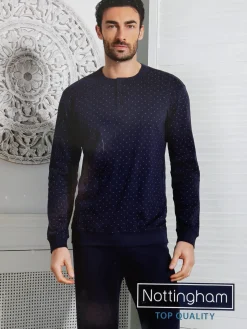 Nottingham Pigiama lungo da uomo in cotone interlock con stampe - blu scuro