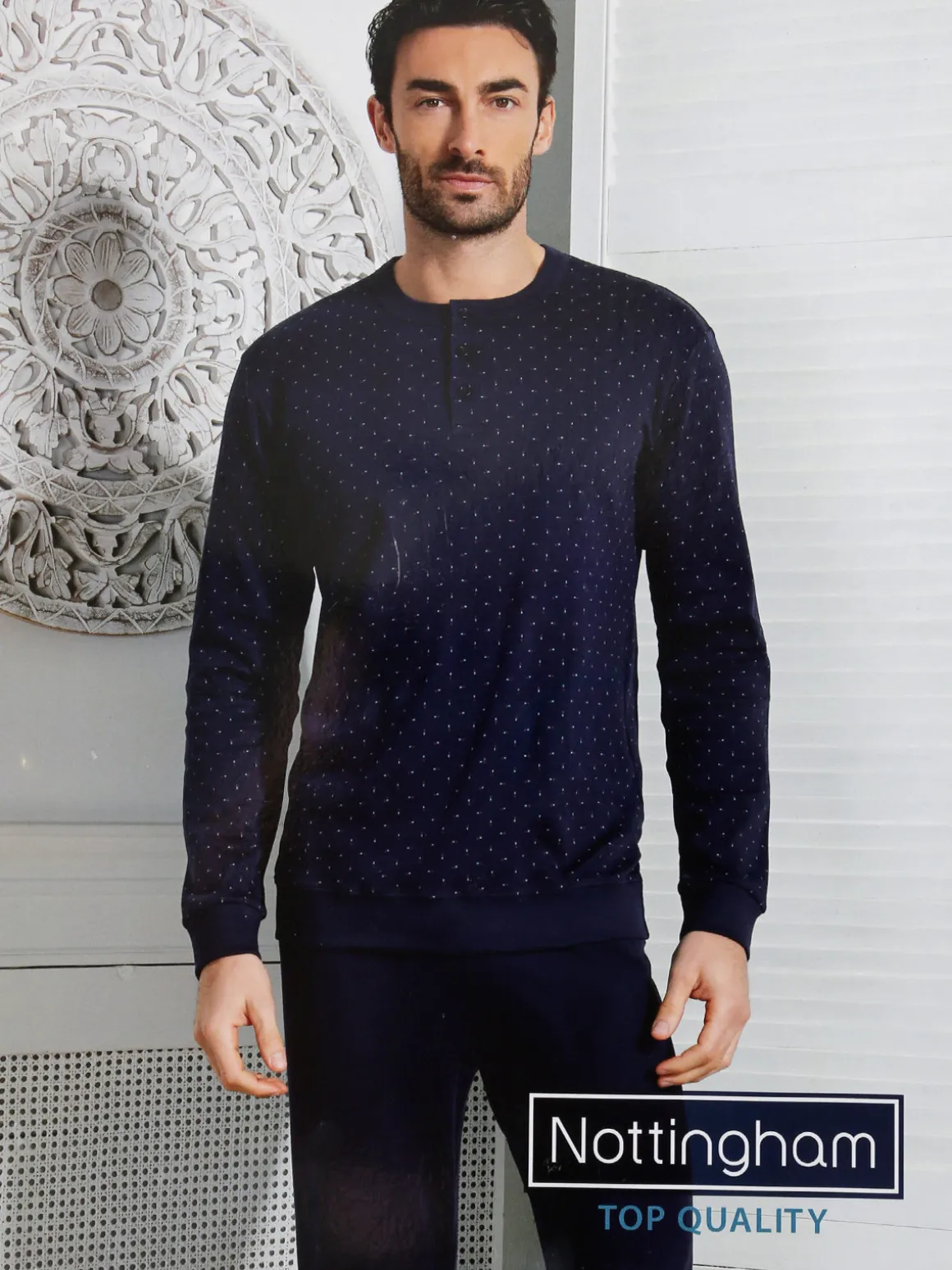 Nottingham Pigiama lungo da uomo in cotone interlock con stampe - blu scuro