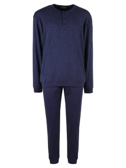 Nottingham Pigiama lungo da uomo in cotone interlock con stampe - blu scuro