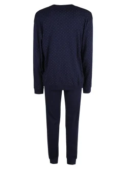 Nottingham Pigiama lungo da uomo in cotone interlock con stampe - blu scuro