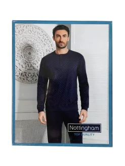 Nottingham Pigiama lungo da uomo in cotone interlock con stampe - blu scuro