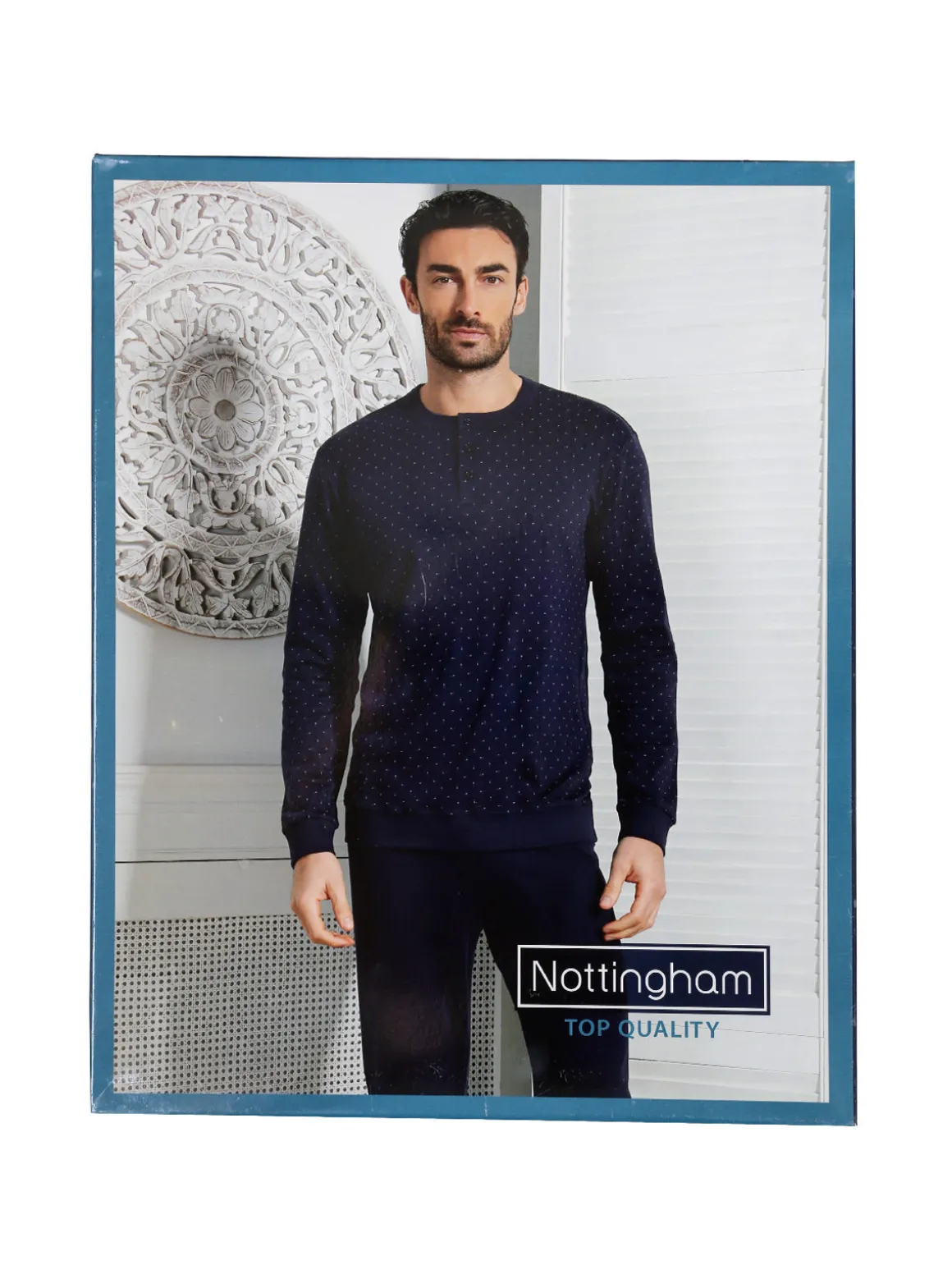 Nottingham Pigiama lungo da uomo in cotone interlock con stampe - blu scuro