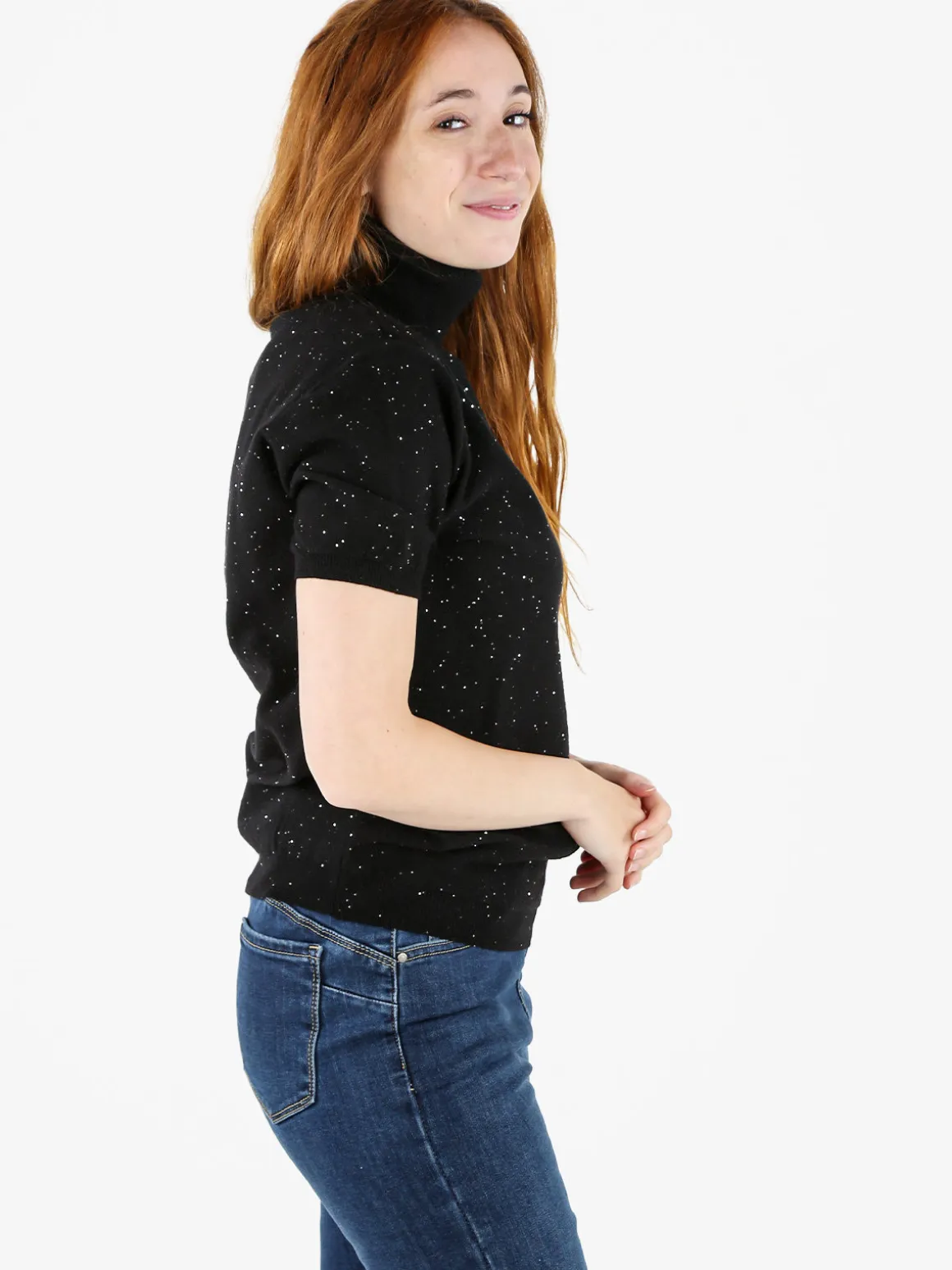Nova Maglia dolcevita da donna a maniche corte - nero