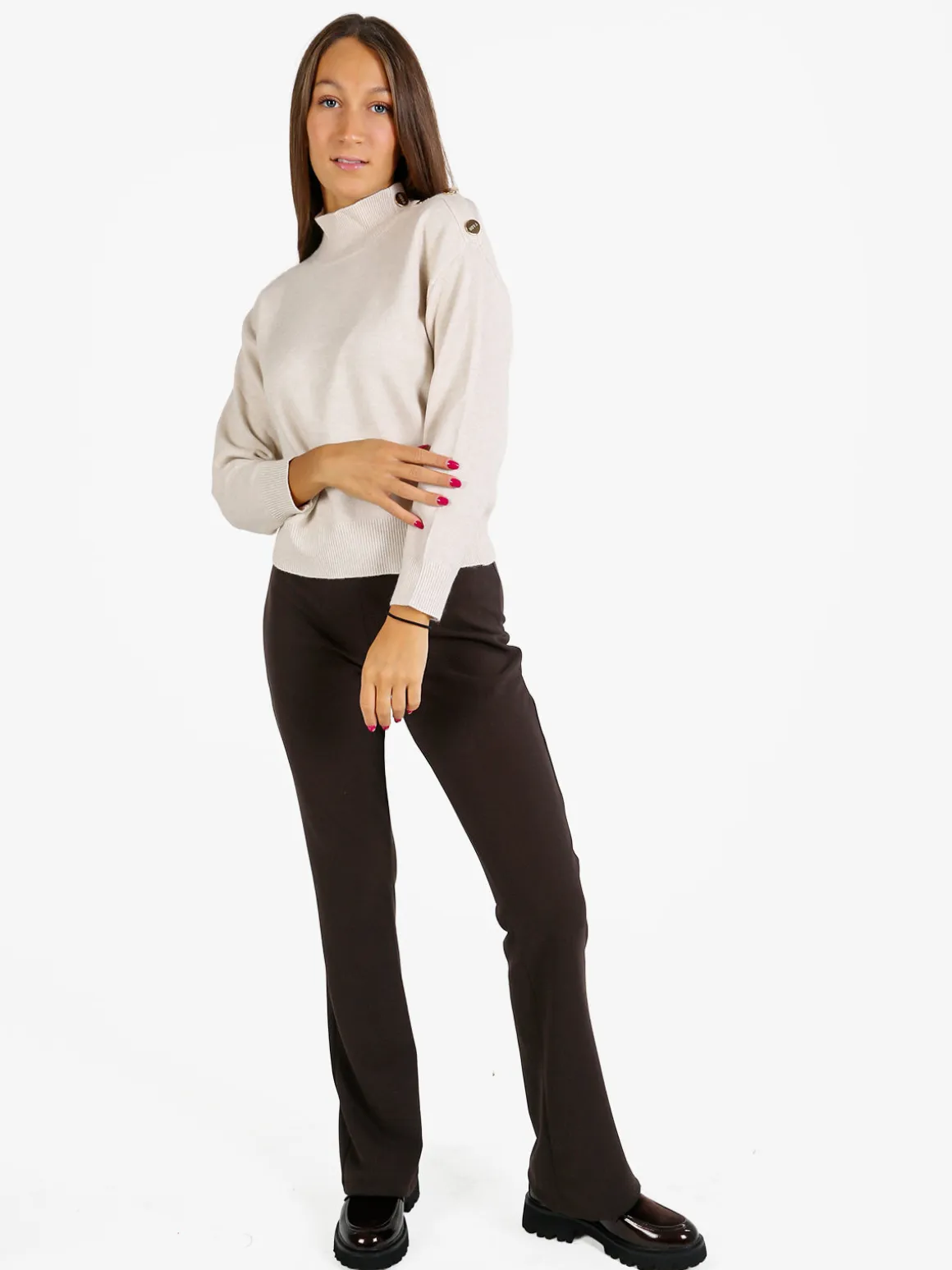 Nova Pullover donna a collo alto con bottoni - beige