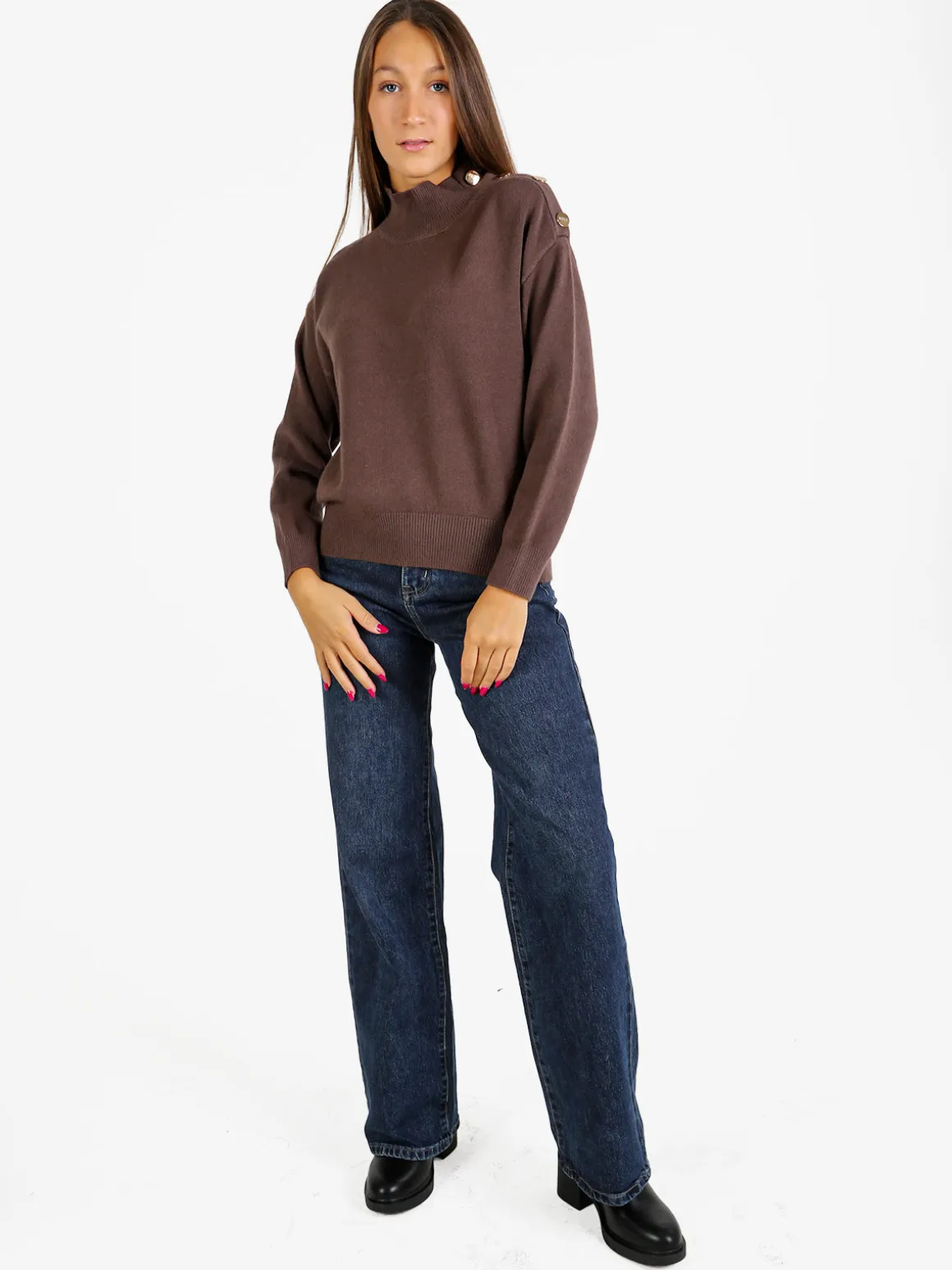 Nova Pullover donna a collo alto con bottoni - marrone