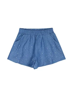 Pastello Completo da bambina con t-shirt cropped e shorts in jeans con strass