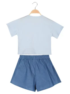 Pastello Completo da bambina con t-shirt cropped e shorts in jeans con strass