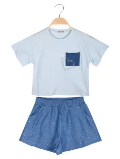 Pastello Completo da bambina con t-shirt cropped e shorts in jeans con strass