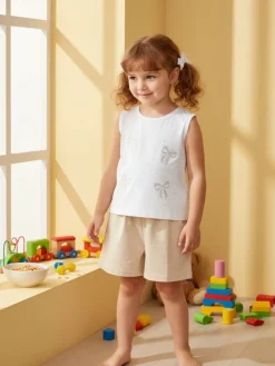 Pink Girl Completo corto da bambina 2 pezzi top e shorts con micro borchie - beige