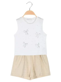 Pink Girl Completo corto da bambina 2 pezzi top e shorts con micro borchie - beige