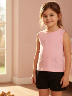 Pink Girl Completo corto da bambina 2 pezzi top e shorts con micro borchie - nero