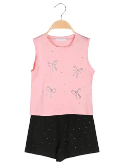 Pink Girl Completo corto da bambina 2 pezzi top e shorts con micro borchie - nero